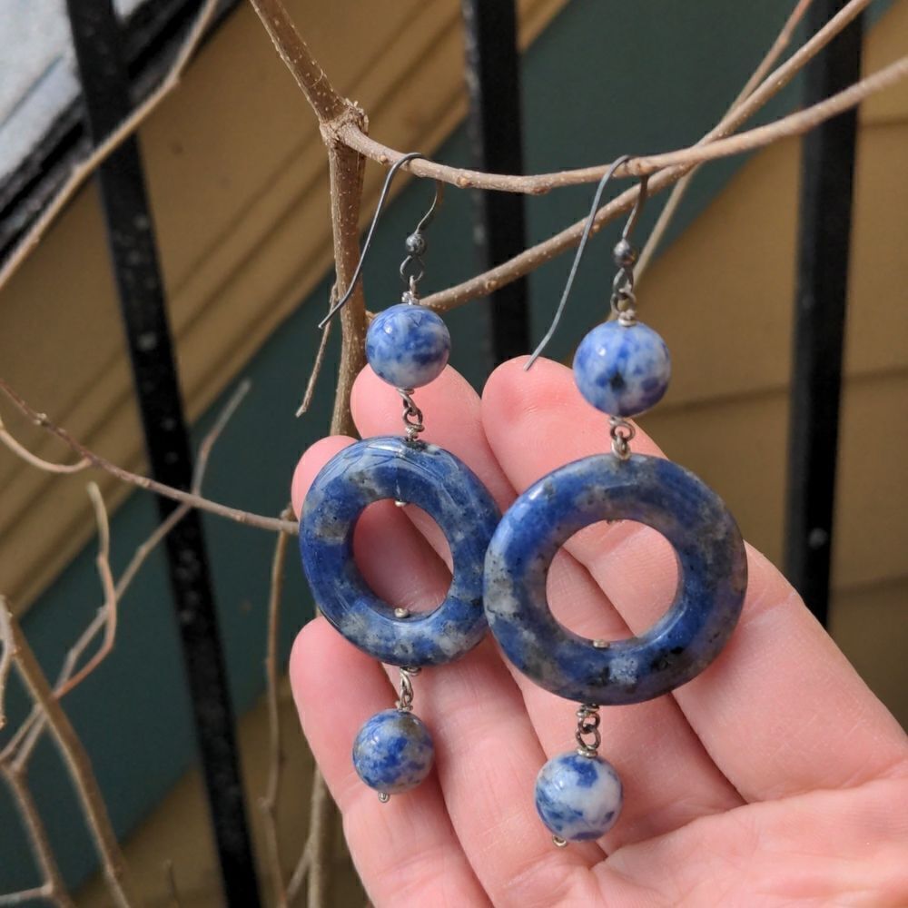 Handcrafted Dangling Blue Sodalite Stone Earrings - Picture 4 of 6